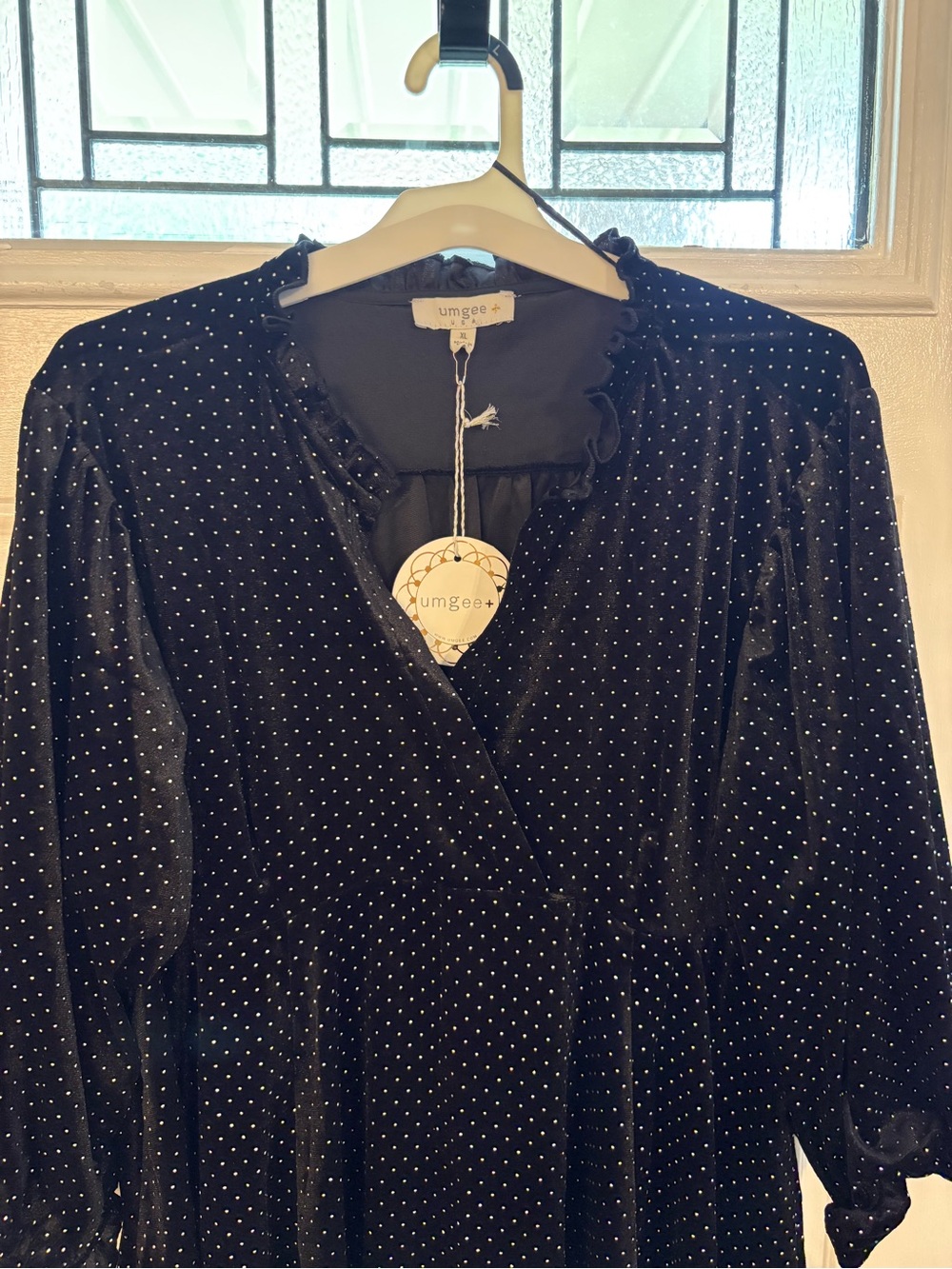 Umgee Black Velvet Polka Dot Long Sleeve Wrap-Style Dress - Picture 7 of 9